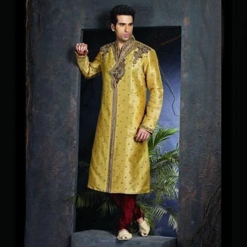 Yellow And Maroon Traditional Indian Mens Stand-neck Full Sleeves Designer Sherwani