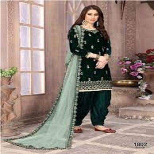 Cotton Fabric With Printed And Self Embroidery Work Green Color Cotton Patiyala Salwar Suits Decoration Material: Paint