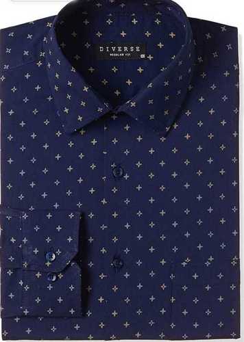 Anti Wrinkle Mens Printed 100 Percent Premium Cotton Formal Wear Navy Blue Shirt