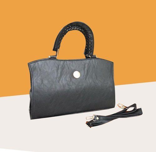 Very Spacious Rectangular Shape Trendy Duffle Black Leather Handbag With Sling For Office And Casual Use