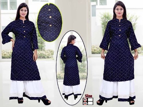 Blue And White Regular Fit Ladies Stand-neck Full Sleeves Casual Straight Palazzo Suit