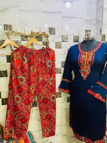 इंडियन ब्लू एंड रेड राउंड-नेक फुल स्लीव्स लेडीज़ स्टिच्ड प्रिंटेड कैज़ुअल पलाज़ो सूट