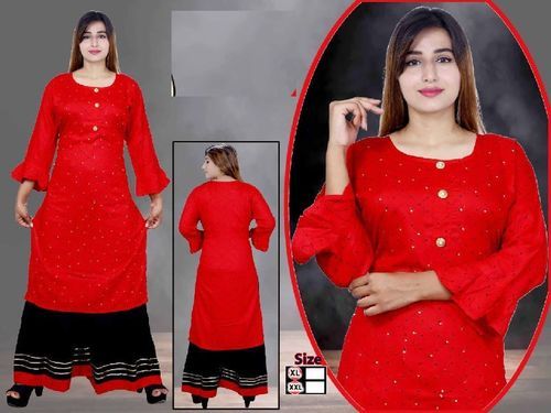 Red And Black Ladies Round-Neck Full Sleeves Stitched Casual Straight Palazzo Suit 