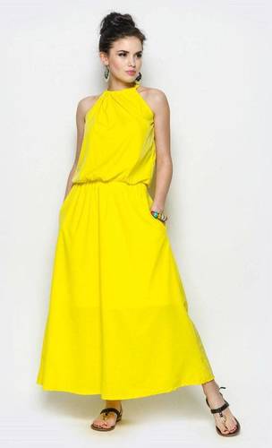 Yellow Color Plain Pattern Sleeveless Casual Wear Ladies Gown