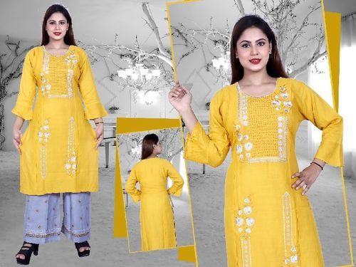 Washable Yellow Ladies Round-Neck 3/4Th Sleeves Stitched Embroidered Casual Kurti With Palazzo