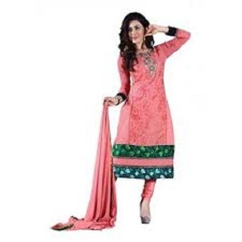 Indian Brick Pink Ladies Round-Neck Full Sleeves Embroidered Cotton And Silk Churidar Suit