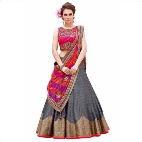 Indian Gray And Magenta Round-Neck Sleeveless Ladies Plain And Embroidered Lehenga Choli