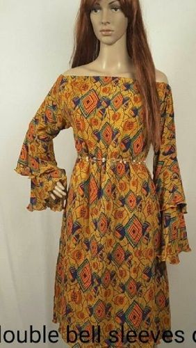 Indian Orange Regular Fit Ladies Off Shoulder-Neck Full Sleeves Printed Casual One Piece Short Dress