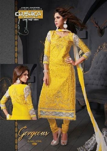 Indian Yellow Ladies Round-Neck 3/4Th Sleeves Embroidered Cambric Cotton Casual Suit 