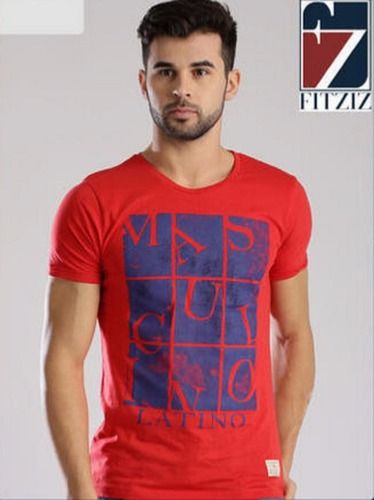 Mens Red Printed Round Neck T-Shirt