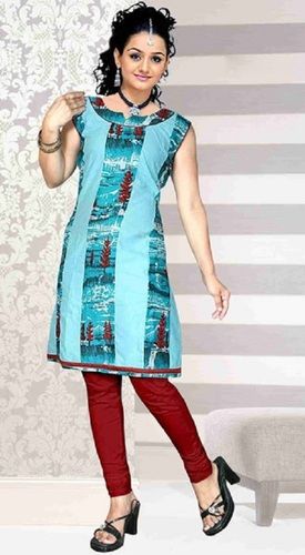 Sky Blue Regular Fit Party Wear Ladies Round-neck Sleeveless Printed Straight Kurti