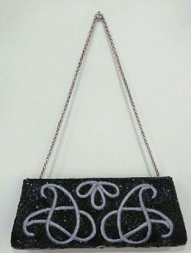 Black 300 Gm Weight Rectangular Shape Handmade Satin Fabric Embroidery Handbag For Party And Casual Wear