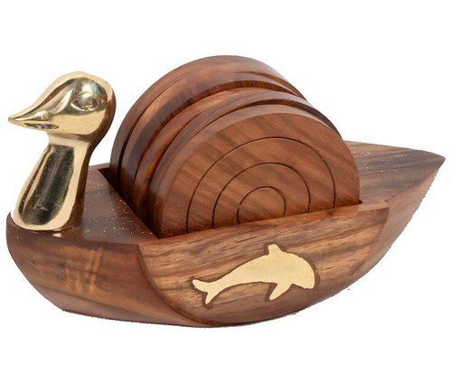 Natural Polished Duck Shape Antique Handmade Wooden Coaster For Gifting With Brown Finish (6 Pieces Of Sets)