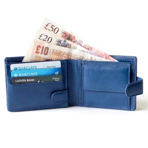 Mens Blue Bi-Fold Leather Wallet With 7 Credit/Debit Cards Slot Zipper And Stud Button Size: 12 Cm X 9.5 Cm (Closed)