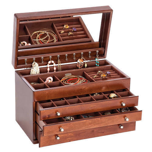 Multi Compartment Plain Wooden Jewelry Box With Attached Mirror