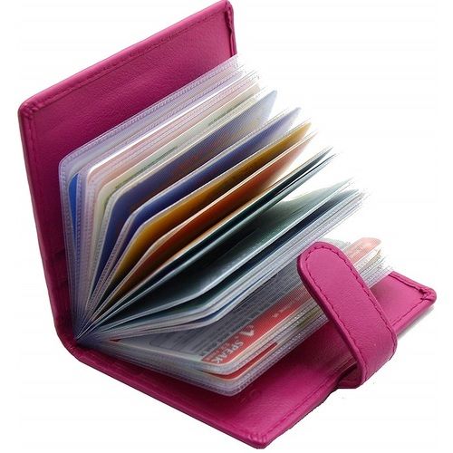  24 पारदर्शी स्लीव के साथ पिंक डेबिट/क्रेडिट/ATM असली लेदर कार्ड होल्डर 