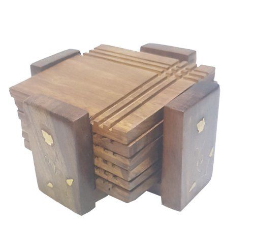Square Shape Antique Wooden Coaster For Gifting With Brown Finish (6 Pieces of Sets)