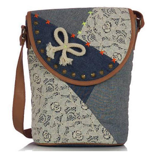 Comes In Various Colors Printed Pattern Denim Fabric Ladies Cross Body Bag With Adjustable Strap And Zipper Closure Type