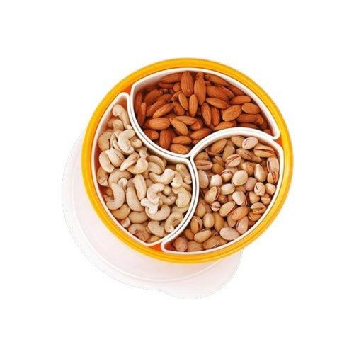 Yellow+White Round Food Grade 3 Compartments Plastic Dry Fruit Serving Tray With Transparent Lid