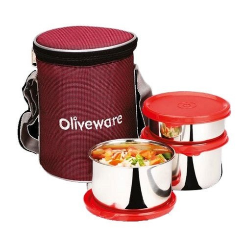 एयरटाइट ढक्कन और ज़िपर कैरी केस के साथ स्टेनलेस स्टील लंच बॉक्स (3 कंटेनर का सेट)