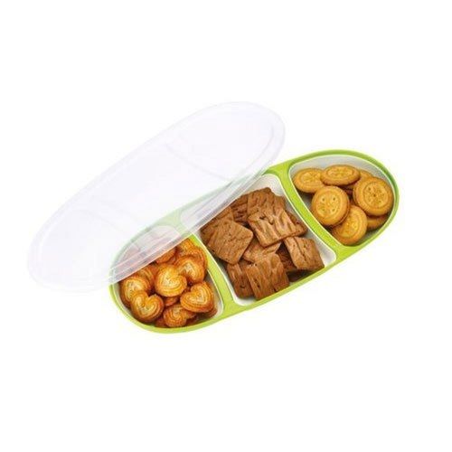 Green/White Bpa Free 3 Compartment Plastic Snacks Serving Tray With Airtight Transparent Lid