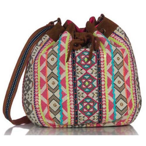 Light Weight And Spacious Multi Color Embroidered Design Embellished Canvas Cross Body Bag