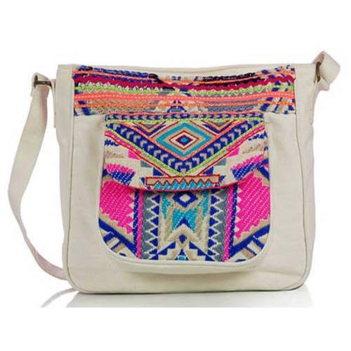 Zipper Closure Type Spacious Ladies Cross Body Canvas Embroidered Bag With Adjustable Strap