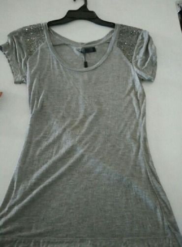 Gray Regular Fit Ladies Round-Neck Half Sleeves Plain Cotton Casual Top