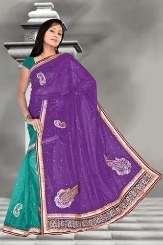 Embroidered Seafoam Green And Purple Ladies Designer Embroidery Work Casual Indian Saree