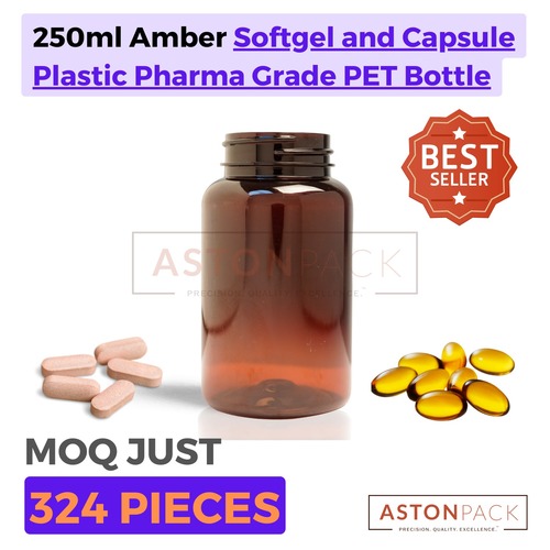 Amber PET Plastic Supplement Bottle - 250ml, 45-400 Neck Finish, Ideal for Capsules and Gummies, High Clarity and Chemical Resistance, Threaded or Child Resistant Cap Compatible