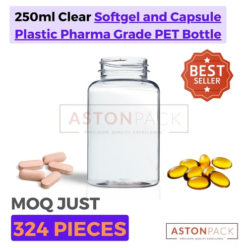 Clear PET Plastic Supplement Bottle - 250 ml, 45-400 Neck Finish, Wide Mouth for Automatic Filling, Compatible with CRC Caps, Pharma & Food Grade, Ideal for Pills & Gummies