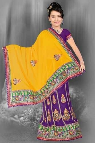 Embroidered Yellow And Purple Party Wear Skin Friendly Ladies Embroidery Work Fancy Lehenga Saree