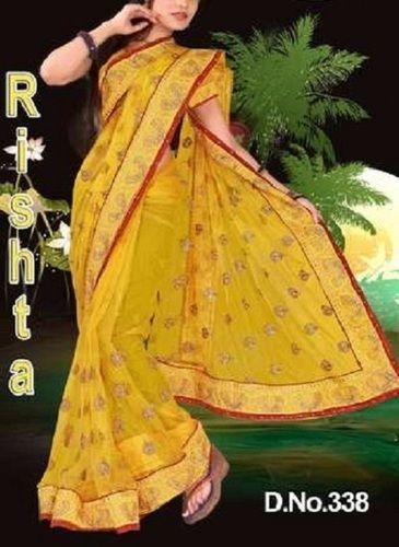 Embroidered Yellow Skin Friendly Embroidery Work Ladies Wedding Wear Synthetic Fancy Saree