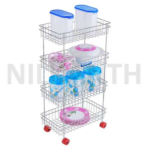 4 Racks Stainless Steel Polished Designer Kitchen Trolley Use: Home