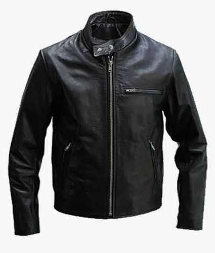 Plain Black Color Leather Jacket With Smooth Zip Front Closer For Male Person