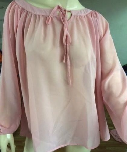 Summer Light Pink Regular Fit Casual Wear Ladies Tie-Up Neckline Full Sleeves Plain Top