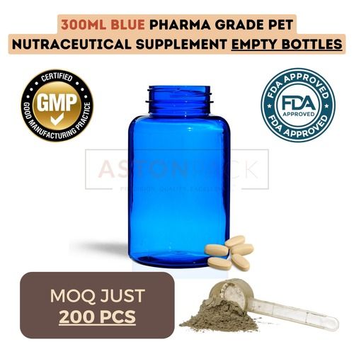 Pharma Grade PET Nutraceutical Supplement Empty Bottles - 300 ml Cobalt Blue