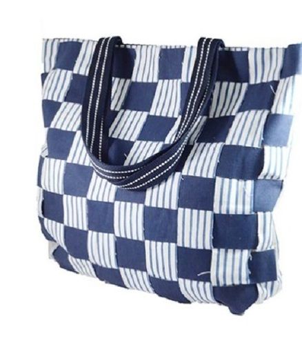 Zipper Closure Type Blue Color And Box Pattern Design Cotton Bag With 1 And 2 Pockets