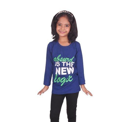 Blue Color Cotton Chest Printed T Shirts For Girls