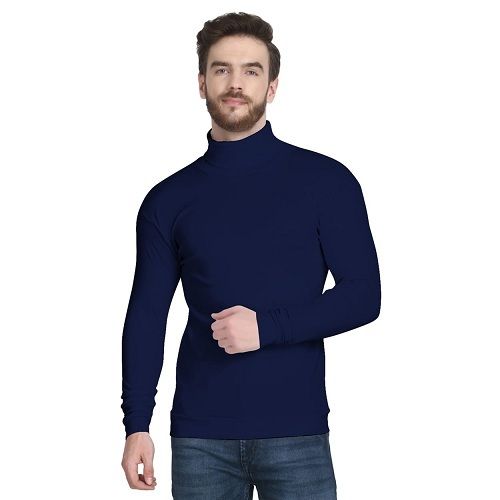 Cotton Men Royal Blue Color Full Sleeves T Shirt With High Neck