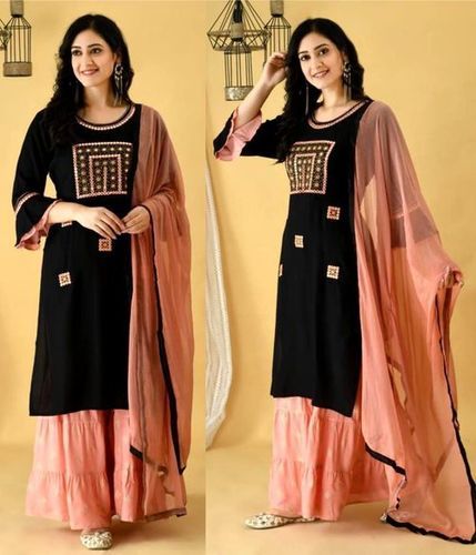 Peach And Black Color Rayon Palazzo Suits(Full Sleeves) Decoration Material: Sequins