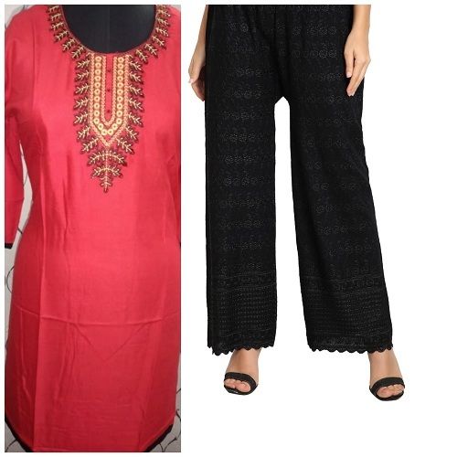 Red And Black Color Palazzo Suits Sets Neck Embroidery