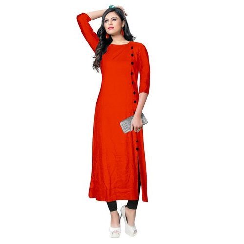 Breathable Casual Wear Red Color Ladies Kurti With 3/4 Th Sleeves