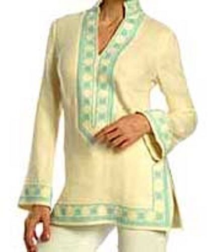 Quick Dry Off White Casual Wear Ladies V-Neck Full Sleeves Printed Cotton Straight Short Kurti