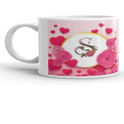 Pink Color Rose Theme Printed Ceramic Tea And Coffee Mug With S Letter