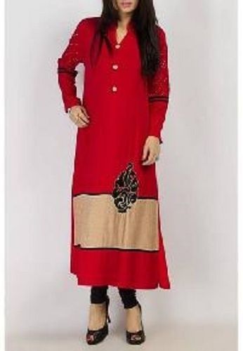 Breathable Red Regular Fit Casual Wear Ladies Full Sleeves Plain Straight Long Kurti