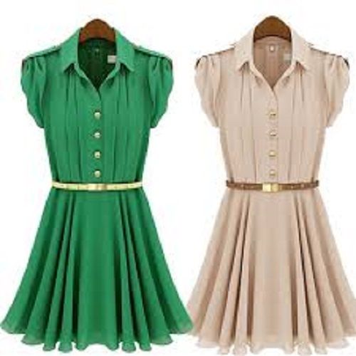 Plain Sleeveless Stylish Green And Skin Color Western Wear Girls Dresses