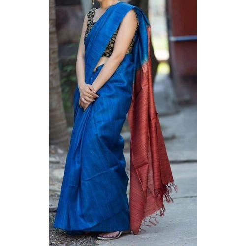 Winter Blue And Brown Casual Wear Skin Friendly Ladies Handloom Plain Pure Silk Saree