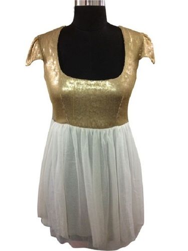 Golden And White Casual Wear Ladies Scoop-Neckline Cap Sleeves Plain Georgette Gold Sequinned Short One Piece Dress