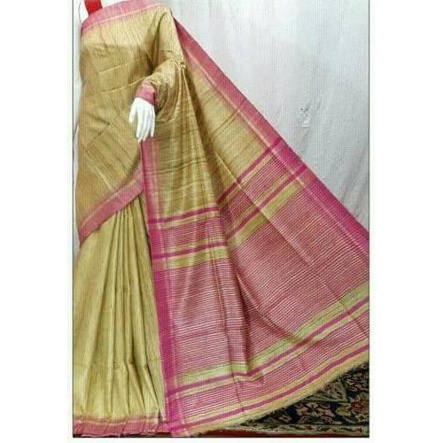 Spring Golden And Pink Festive Wear Skin Friendly Ladies Handloom Fancy Ghicha Silk Saree